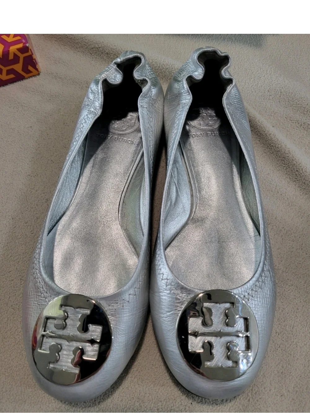 Tory BURCH Metallic Silver Logo Ballet Flats - Women's